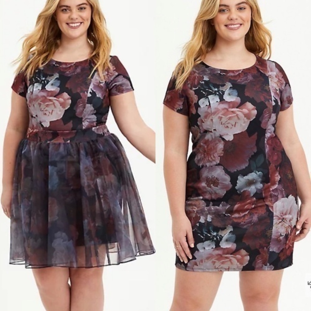 Torrid Floral Skater Dress Size 2X Convertible Mesh Overlay Black Pink